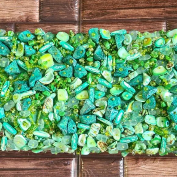 Vintage Handmade Natural Green Shell Mother of pearl Mosaic Clutch Bag - Picture 7 of 10